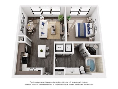 simulated floor plan of a 1 bedroom apartment with 3236236236